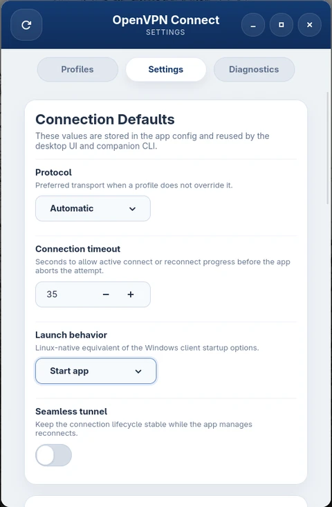 Settings – connection defaults