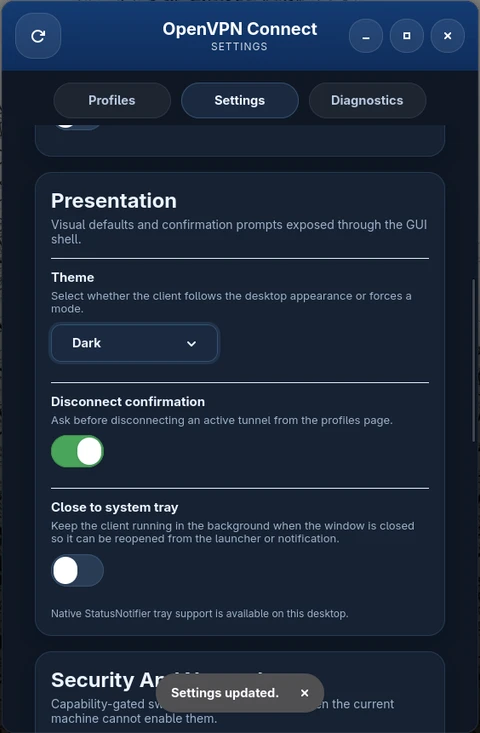 Settings – presentation options